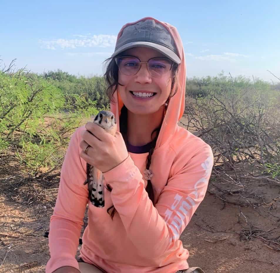 Katie Stansell in the desert holding a falcon in her hand. She is in a pink sweatshirt with the hood pulled over a gray hat.